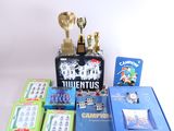le contenu d'une boîte de jeux comprenant un trophée, des cartes et d'autres objets