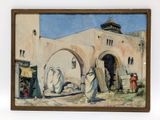 a picture of a painting of people outside of a building