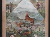 tableau encadré représentant une scène de chasse avec des cerfs, des chevreuils et d'autres animaux
