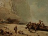 a painting of a group of people on a beach by a boat