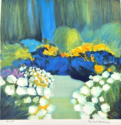 painting of flowers in a garden with blue and yellow colors
