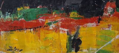 painting of a man walking in a field with a red and yellow umbrella