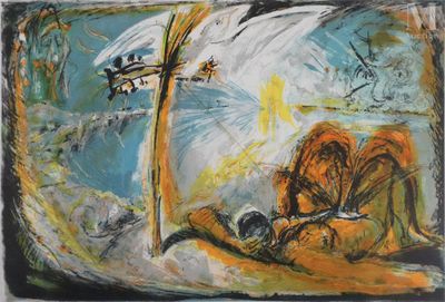 dessin représentant un tableau où l'on voit un homme agenouillé devant un feu