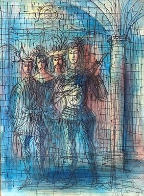 drawing of a group of people standing in front of a building