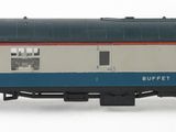a blue and grey train car on a white background