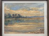 an image of a painting of a lake with trees in the background