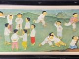 painting of a group of people playing a game in a field