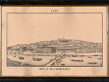 un vieux dessin représentant une vue de ville avec des bateaux sur l'eau