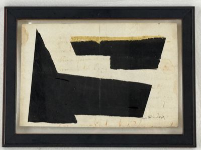 an image of a black and white piece of art hanging on a wall