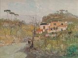 painting of a man riding a horse down a dirt road