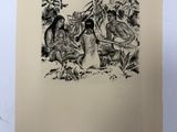 un dessin en noir et blanc représentant deux personnes assises dans un jardin
