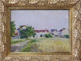 an image of a painting of a farm scene in a gold frame
