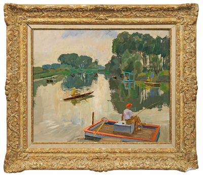 an image of a painting of a man sitting on a boat on a lake