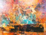 an abstract painting of a boat on a body of water