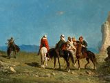 un tableau représentant un groupe de personnes à cheval sur une colline