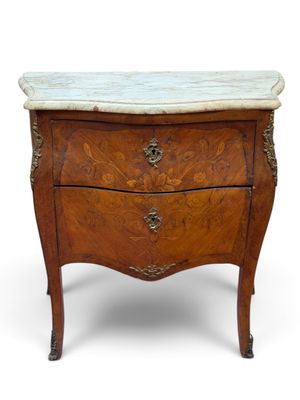 an antique chest of drawers with a marble top on a white background
