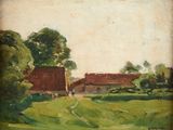 une image représentant un tableau d'une ferme avec une grange en arrière-plan