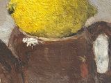 a painting of a teapot with a lemon on it
