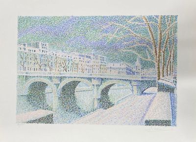 tableau représentant un pont enjambant un cours d'eau, avec de la neige au sol