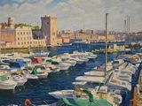 peinture de bateaux dans un port avec un château en arrière-plan