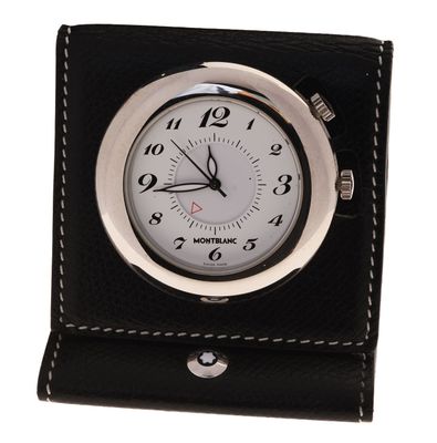 a black leather clock with a white face on a white background