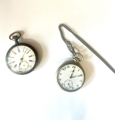two pocket watches sitting next to each other on a table