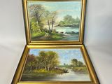two paintings of a river and a boat in a gold frame on a white background
