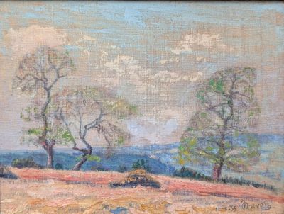 une peinture à l'huile d'un champ avec des arbres au loin