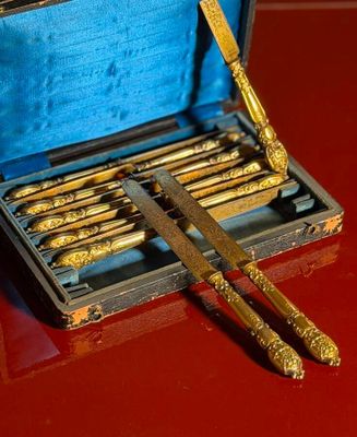 a box with a set of gold spoons and a pair of knives