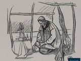 drawing of a man sitting in front of a table with a bird on top of it