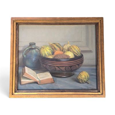 un tableau représentant un bol de fruits et un livre posés sur une table