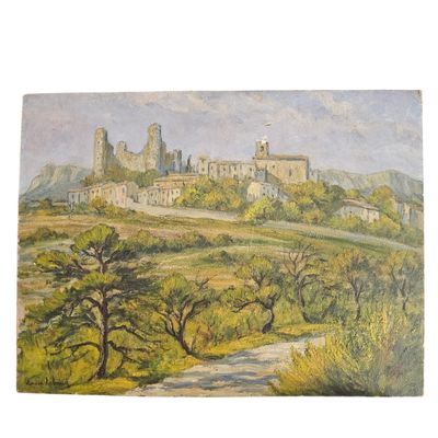 un tableau représentant un château au sommet d'une colline, entouré d'arbres