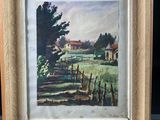 an oil painting of a farm scene in a wooden frame