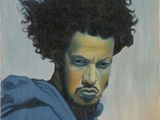 tableau représentant un homme aux cheveux bouclés portant un sweat à capuche bleu