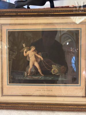framed picture of a painting of a child pulling a dog on a leash