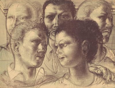 dessin représentant un groupe d'hommes et de femmes, avec un homme à l'arrière-plan