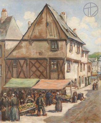 an oil painting of a street scene with people shopping in front of a building