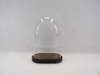 un dôme en verre vide reposant sur un socle en bois, posé sur une surface blanche