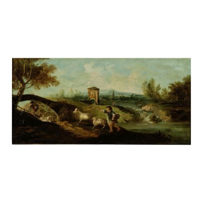 une image représentant un tableau où l'on voit un homme et un chien au bord d'une rivière