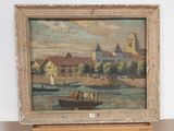 a picture of a painting of a town by the water
