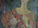 tableau représentant une femme tenant un enfant dans ses bras devant un tableau représentant une femme