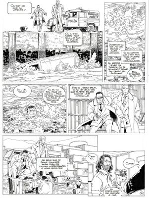 une page de bande dessinée comportant une illustration en noir et blanc représentant un homme en costume-cravate