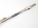 a silver flute that is laying on a white surface
