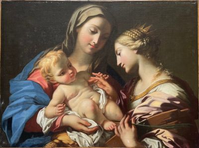 une image représentant un tableau où l'on voit une femme tenant un bébé dans ses bras, entourée de deux autres femmes