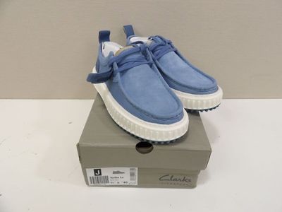someone is wearing a pair of blue and white shoes on top of a box
