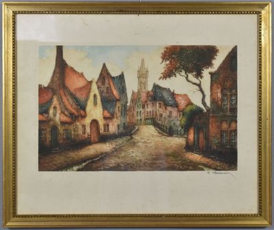 an old painting of a village street with a church in the background