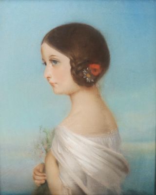 une peinture à l'huile représentant une jeune fille en robe blanche tenant une fleur