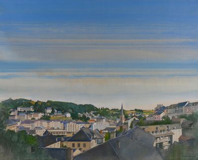 a painting of a view of a town from a hill