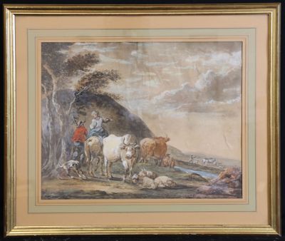 an image of a painting of a man with cattle in a landscape
