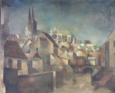 painting of a view of a town with a church in the background